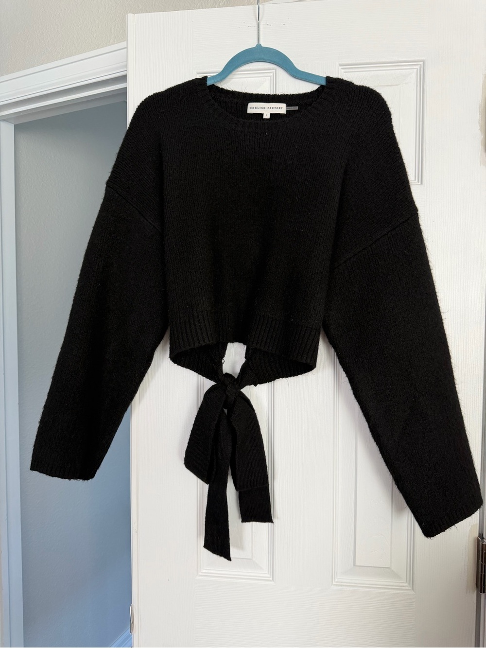 English Factory Black Tie-Front Cropped Crewneck Sweater